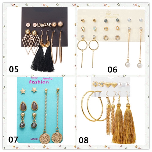 Set 6 cặp khuyên tai xỏ thiết kế tua rua kiểu dáng hình học đính đá pha lê ngọc trai phong cách retro cho nữ