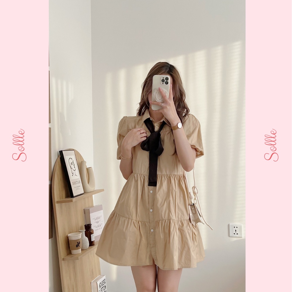 Đầm váy sơ mi babydoll dáng xòe cổ bẻ thắt nơ trơn nhiều màu Hàn Quốc đáng yêu Sollle