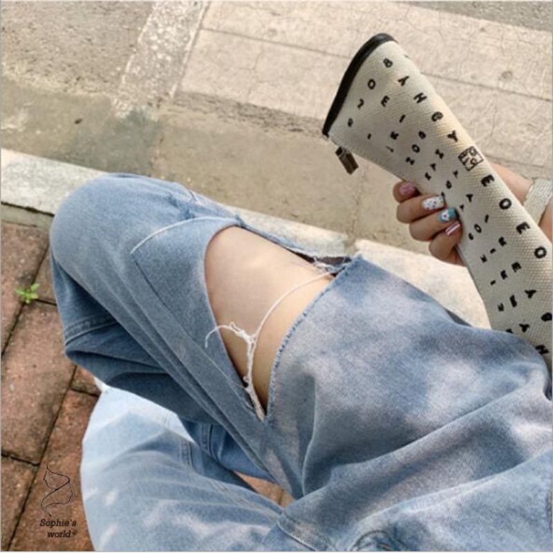 Baggy [Size 26.27.28] Quần Baggy Rách Tam Giác Đùi 1 đường Sườn gối, Form Đẹp, Lưng Cao, Mông Đùi Rộng, Không Co Giãn