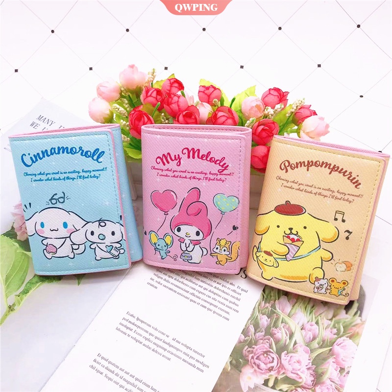 Sanrio Ví Da PU Ngắn Đựng Tiền Xu Nhiều Ngăn Họa Tiết Mèo Hello Kitty Kuromi Kawaii Cho Nữ