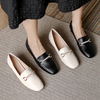 Giày lười da mềm mũi vuông 4cm đính ngọc trai thời trang cho nữ