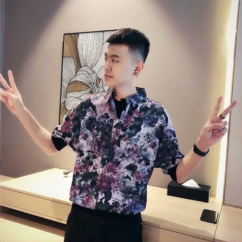 Men's fashion color combination short-sleeved shirt