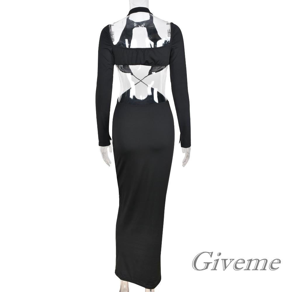 GIVEME-Women Long Sleeve Halter Neck Solid Color Hollow Pleated Slim Fit Black Cut Out Dress