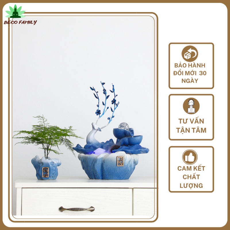 -Thác nước khói trầm hương, thác phong thủy may mắn cao cấp hươu xanh, kèm đèn Led sang trọng