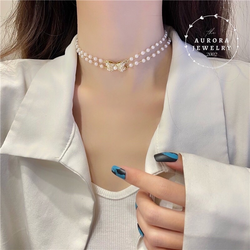 Choker 2 Tầng Chuỗi Hạt Mặt Nơ Đính Đá Cực Xinh