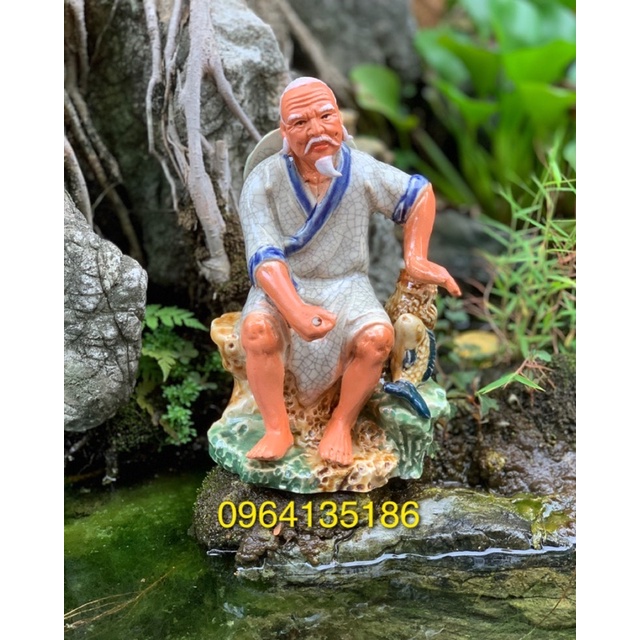 Tượng lão vọng câu cá h20cm men rạn gốm sứ Bát Tràng