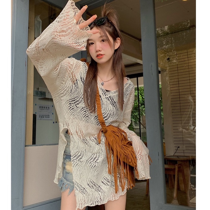 QKOOLE Áo tay dài dáng rộng thiết kế đục lỗ phong cách Hàn Quốc thời trang cho nữ