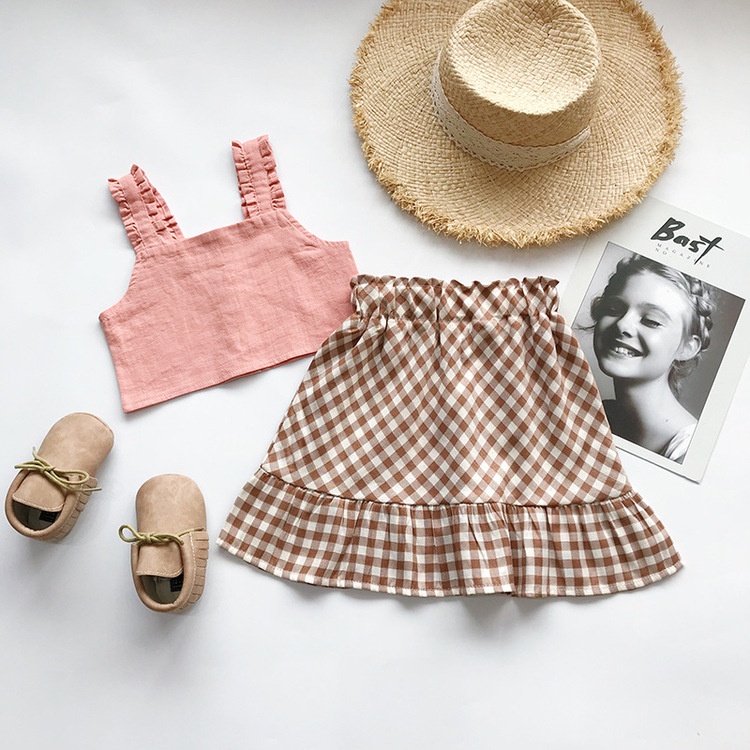 Set bộ váy con Gái Ngắn Kẻ Caro Dễ Thương Thời Trang Mùa Hè Cho Bé 1-6 Tuổi