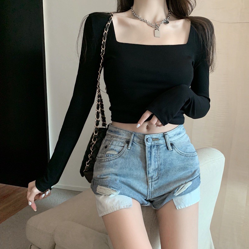 [Mã FATHANG5 giảm 10K đơn 50K] Áo croptop cổ vuông dài tay