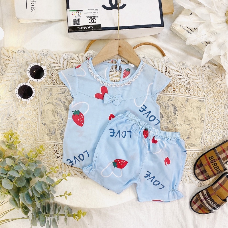 Bộ lanh nơ ngực 2 bèo nhún xinh xắn cho bé gái - BLNN2