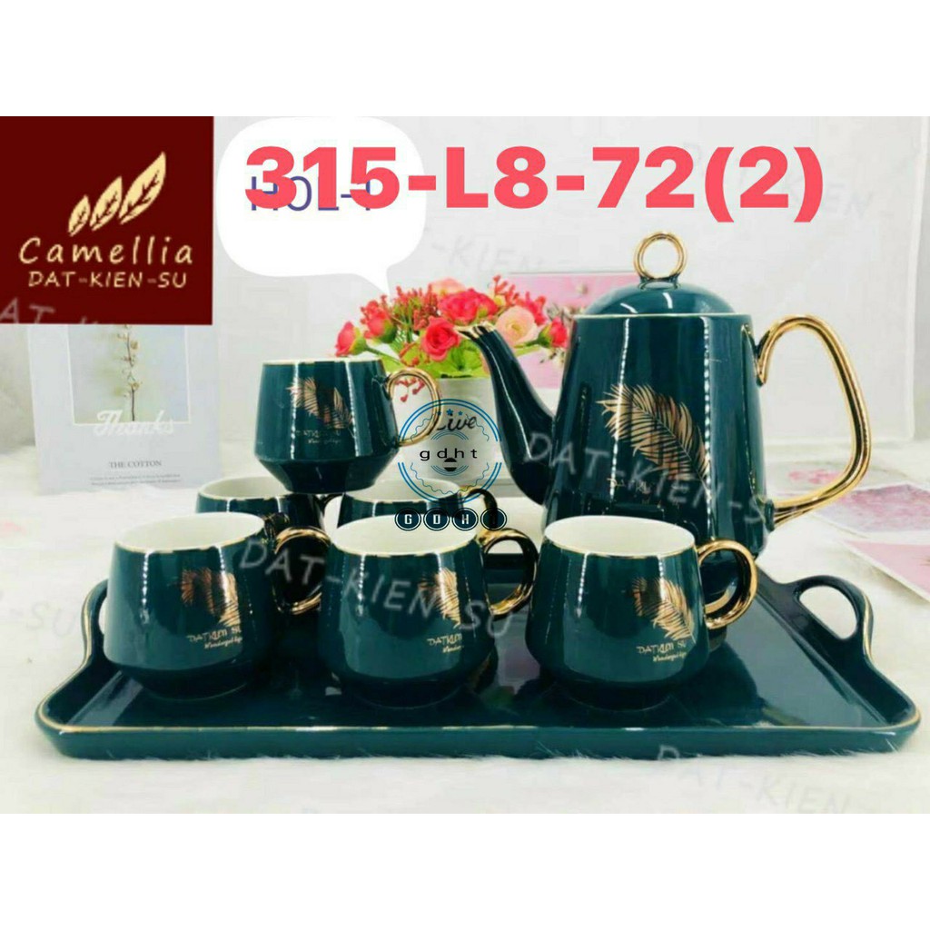 BỘ BÌNH CỐC SỨ XANH CAO CẤP HỌA TIẾT  KÈM KHAY