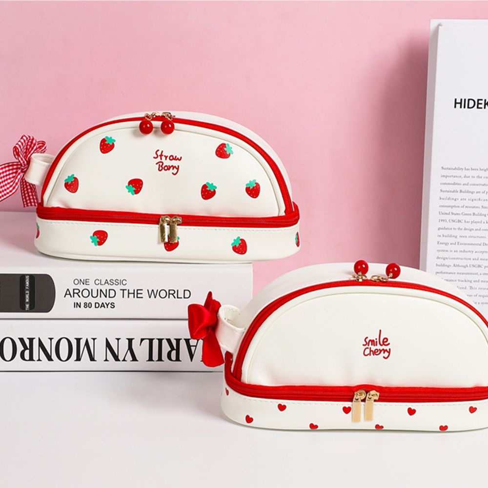 Túi đựng bút da pu dày hai lớp in hình trái dâu tây/cherry nhiều màu tùy chọn kawaii sức chứa lớn dành cho học sinh