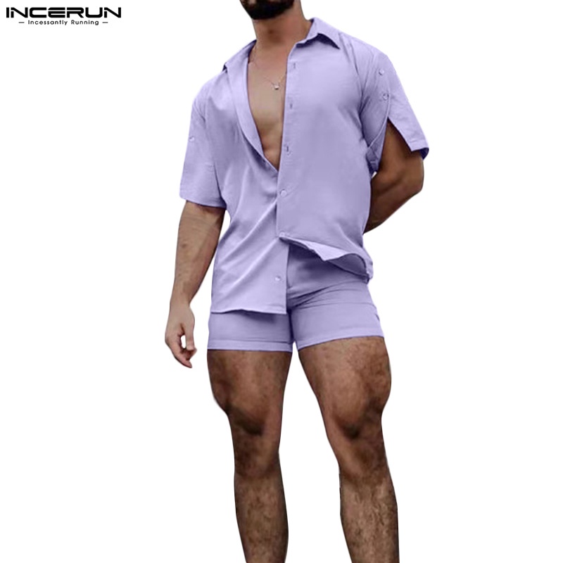 INCERUN Bộ Áo Sơ Mi Ngắn Tay+Quần Short 3 Màu Thời Trang Mùa Hè Cho Nam