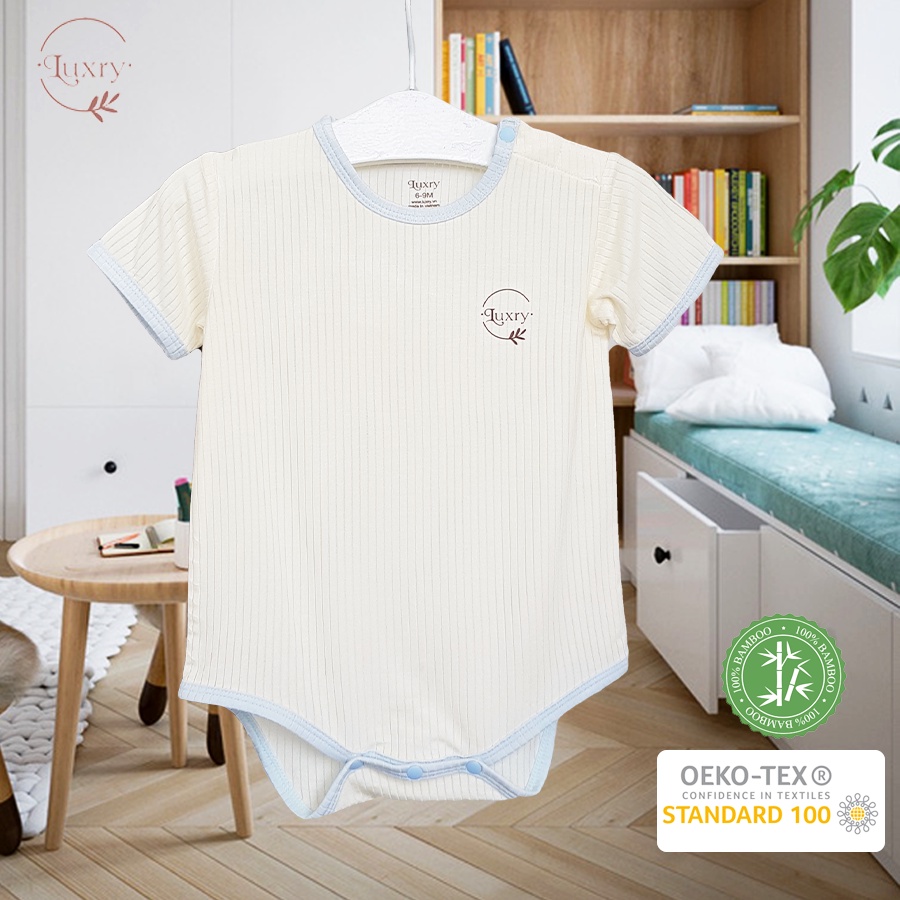 Bộ quần áo liền thân Body chip Luxry nền vàng be phối viền cho bé sơ sinh size từ 0 đến 12 tháng