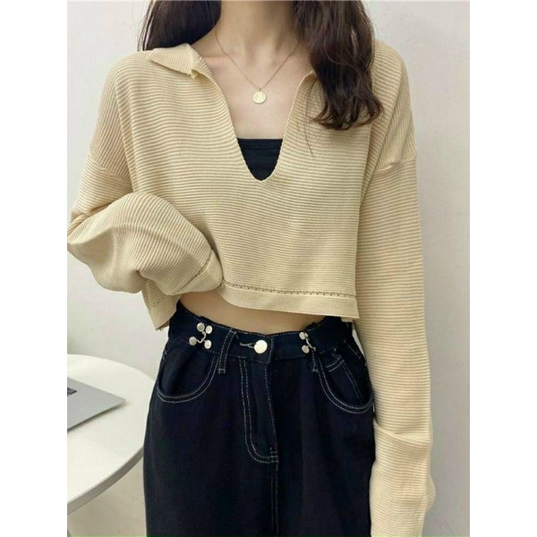 Áo thun phôm rộng Croptop Cổ V tay dài (A15)