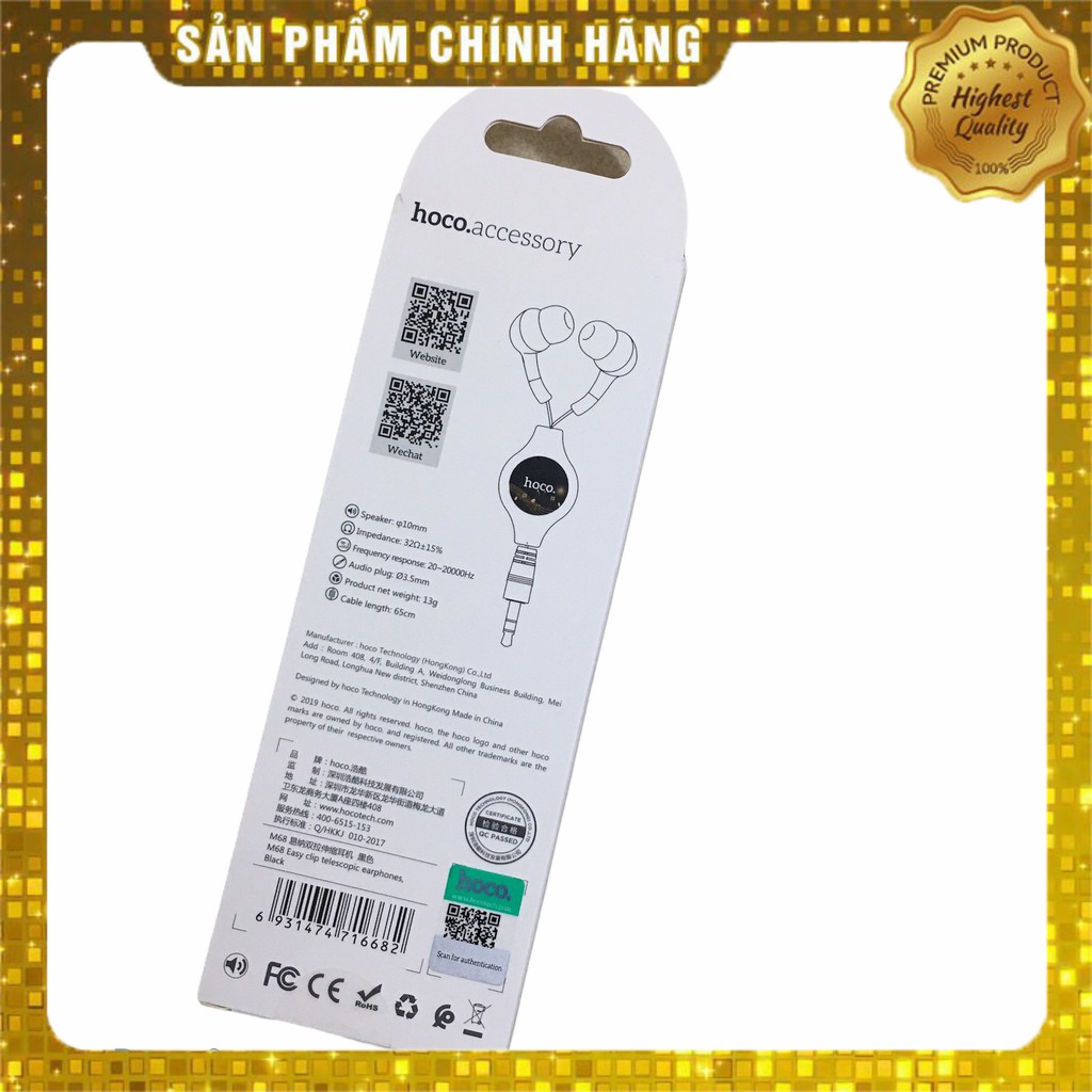 Tai nghe nhét tai dây rút tiện lợi, siêu bass cực mạnh, chuyên nghe nhạc, chơi game Hoco M68  - HÀNG chính Hãng BH6T