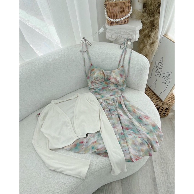 Set đầm cột vai hoa bbd xoè kèm khoác trắng_Kims.House