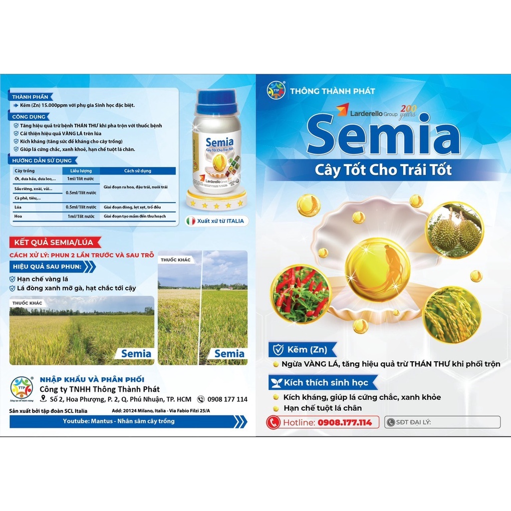Siêu Phẩm Thán Thư Semia 100ml Nhập Khẩu Ý Cho Bông, Trái, Lá Cho Cây Ớt, Sầu Riêng, Mai Vàng