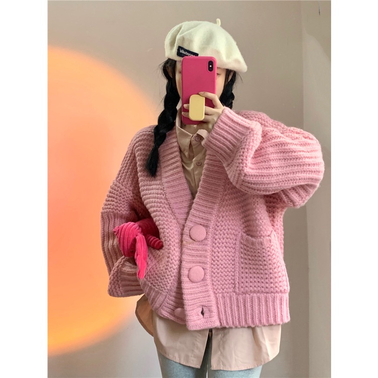 Áo Khoác Cardigan Cổ Chữ V Dáng Rộng Màu Hồng Thanh Lịch Thời Trang Dành Cho Nữ