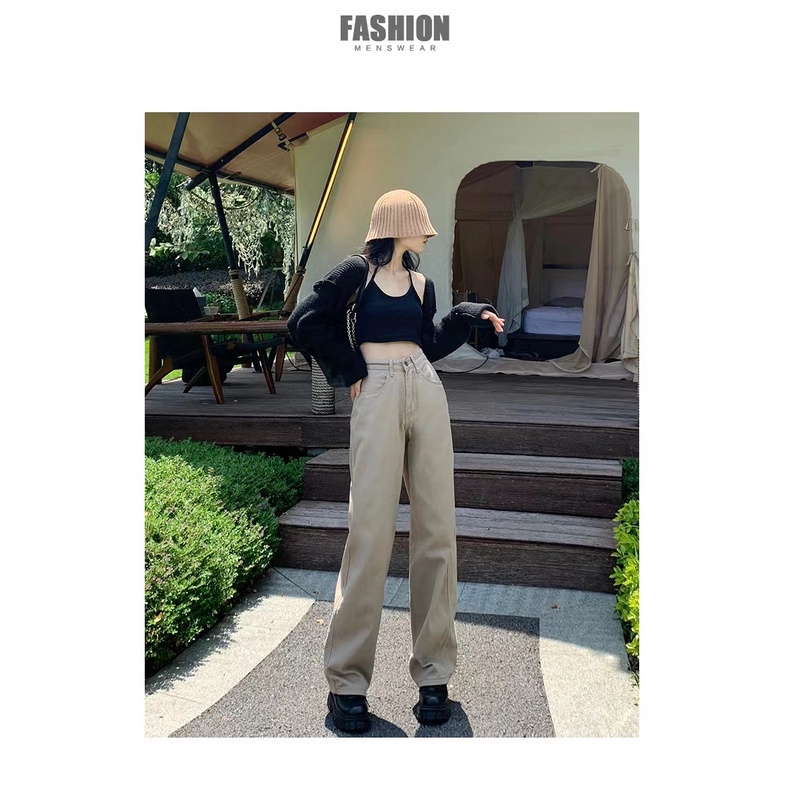 Quần jean lưng cao ống suông rộng thời trang retro dễ phối đồ