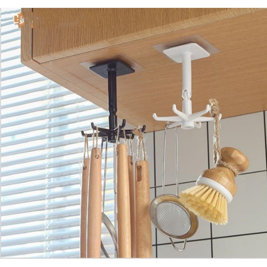 Giá treo 6 móc xoay 360 độ GẤP GỌN mẫu mới, móc treo dụng cụ nhà bếp kiệm diện tích tiện dụng