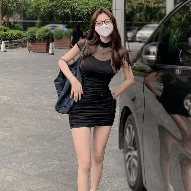 Đầm Tay Ngắn Cổ Lọ Phối Lưới Màu Trơn Thời Trang Hàn Quốc Xinh Xắn Cho Nữ