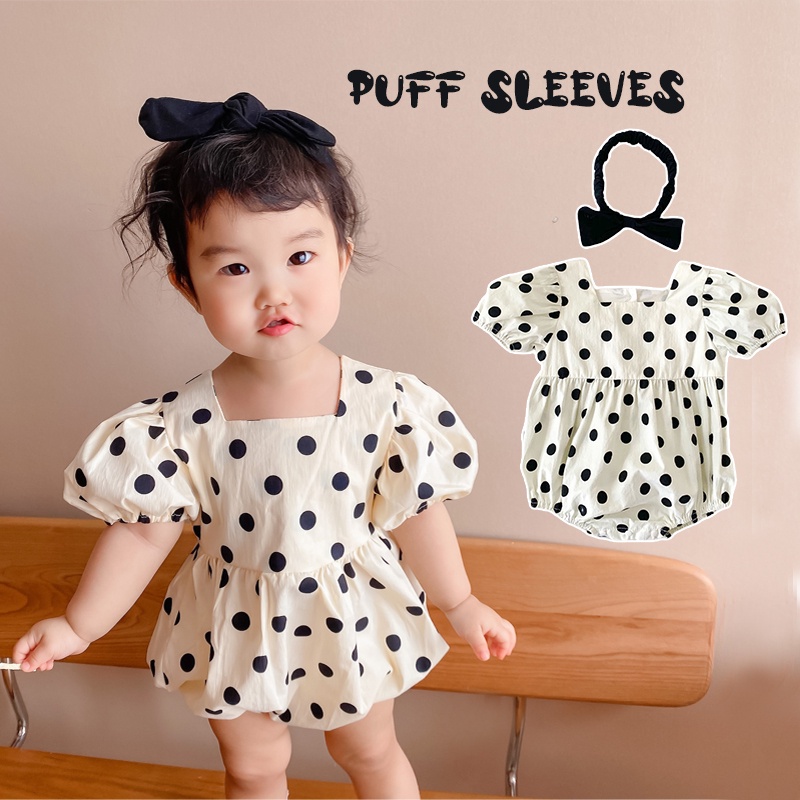 Set áo liền quần + băng đô nơ hoạ tiết chấm bi cho trẻ sơ sinh