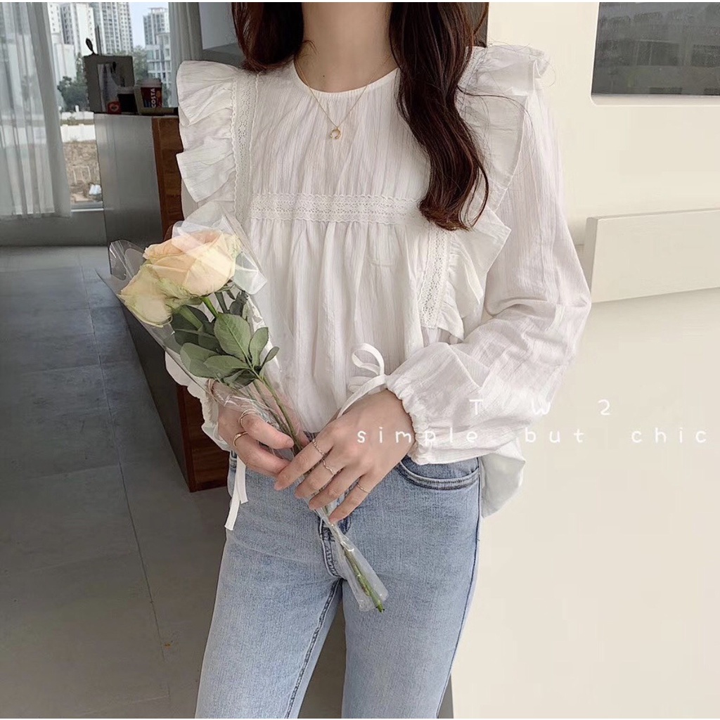 Áo sơ mi babydoll ren bèo vai thắt nơ tay - Áo sơ mi babydoll ren ngực siêu xinh