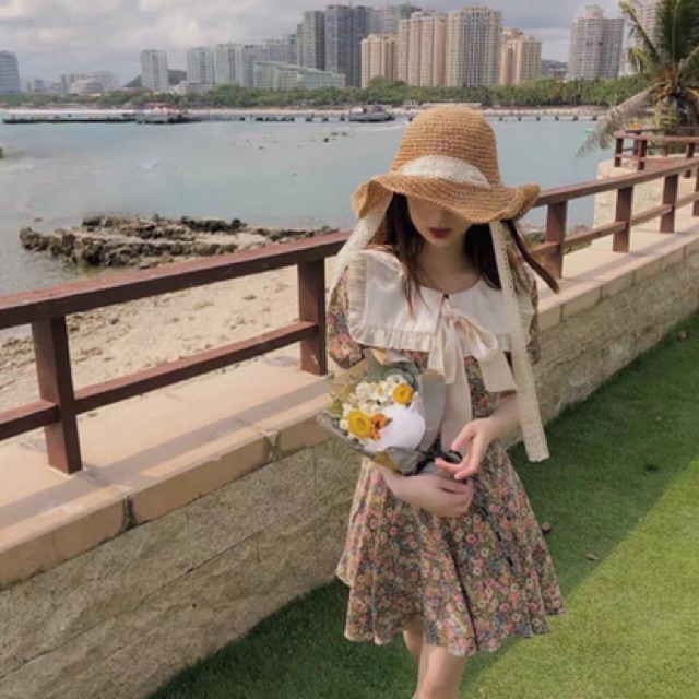 Váy Hoa Vintage Cổ Ren Nơ Trắng Cực Dễ Thương | BigBuy360 - bigbuy360.vn