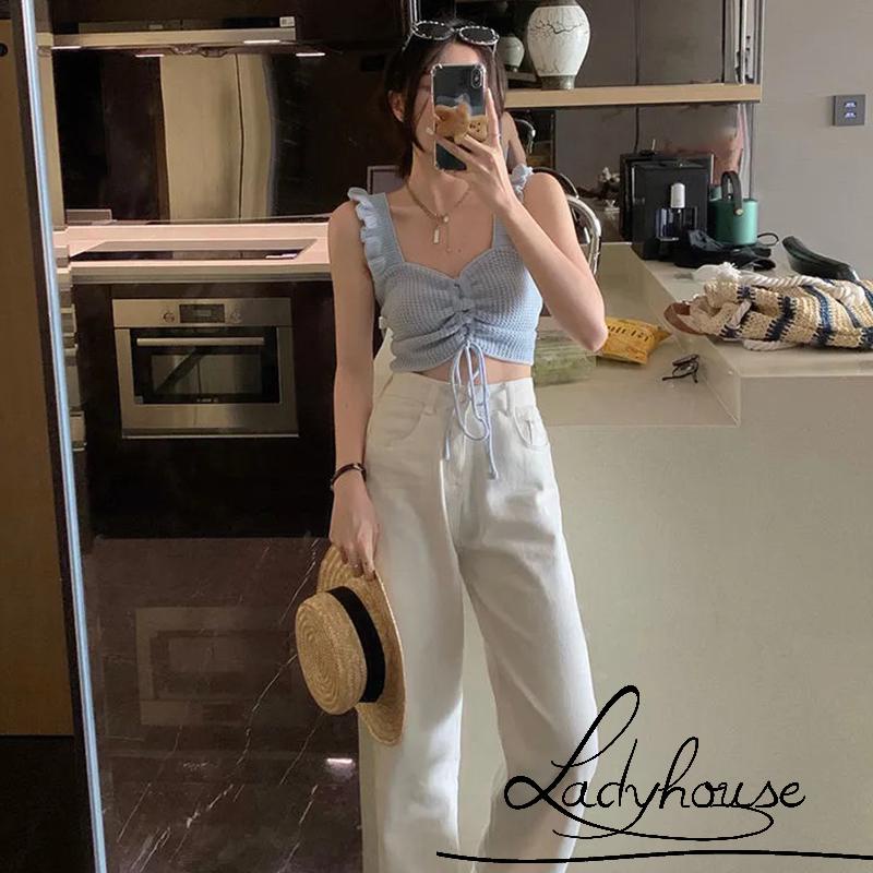 Áo Dệt Kim Không Tay Màu Trơn Cột Dây Phía Trước Kiểu Dáng Đơn Giản Cho Nữ