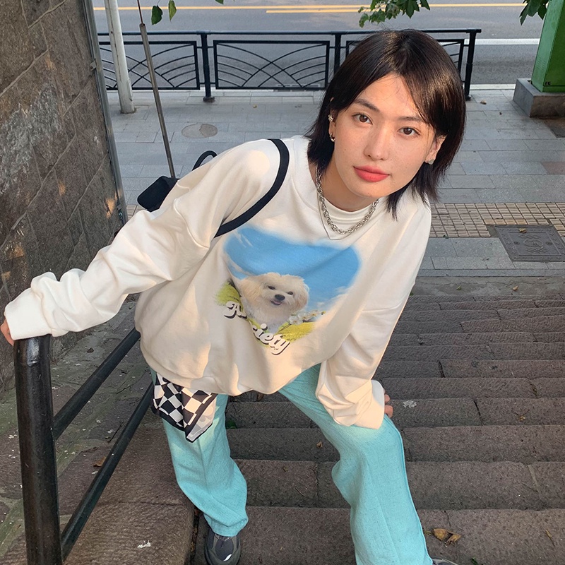 【ZHELIHANGFEI】Áo Thun Nỉ Tay Dài In Hình Cún Con Dễ Phối Đồ