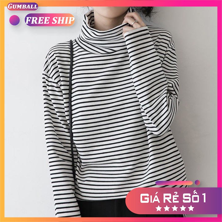 Áo thun tay dài nữ ♥️FREESHIP♥️ áo phông tay dài nữ cổ lọ họa tiết sọc kẻ ngang dễ thương