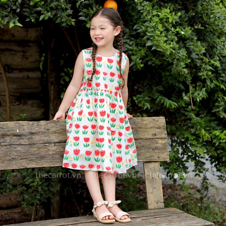 Váy Tim Lưng Carrot Cho Bé Gái, Họa Tiết Hoa Tulip, Chất Thô Cotton Thoáng Mát Thấm Hút Mồ Hôi Tốt