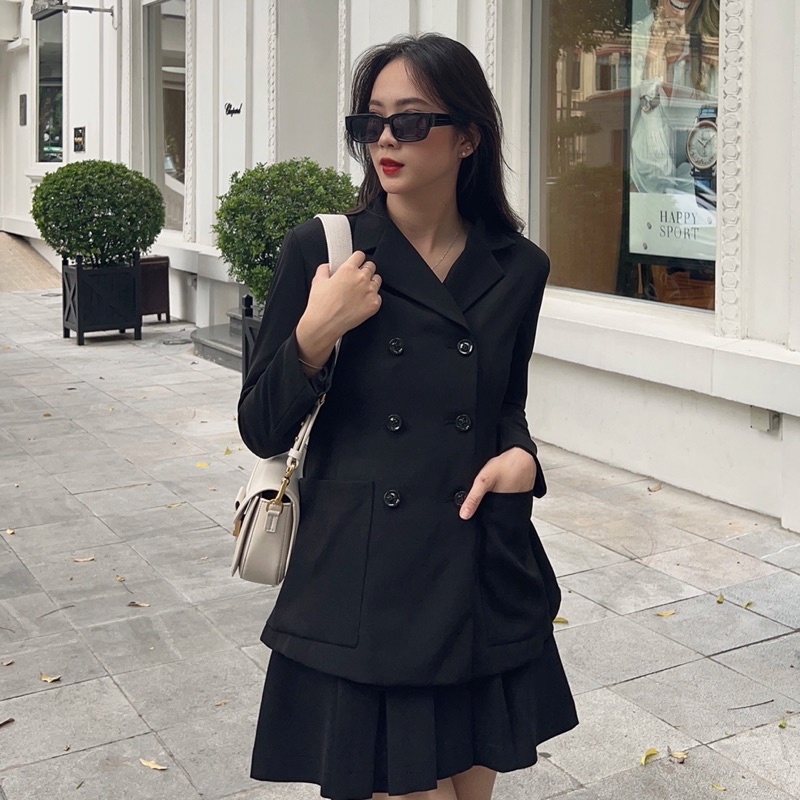 Áo khoác blazer nữ 2 lớp dáng dài tay dài hàng thiết kế Huien Design với 6 khuy form Hàn Quốc sang trọng, thanh lịch