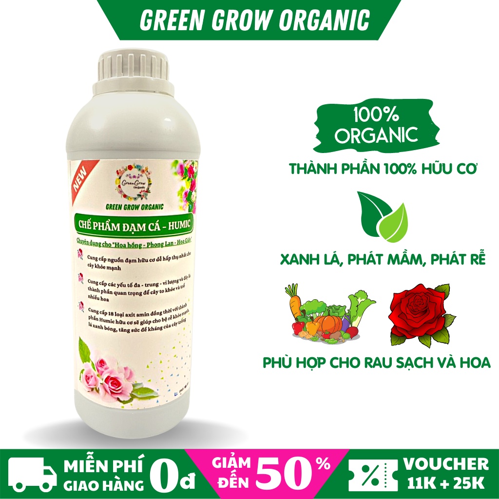 Phân đạm cá Fish Emulsion Green Grow Organic, chai 1 lít, đạm cá hữu cơ kích rễ mạnh to cành MS103