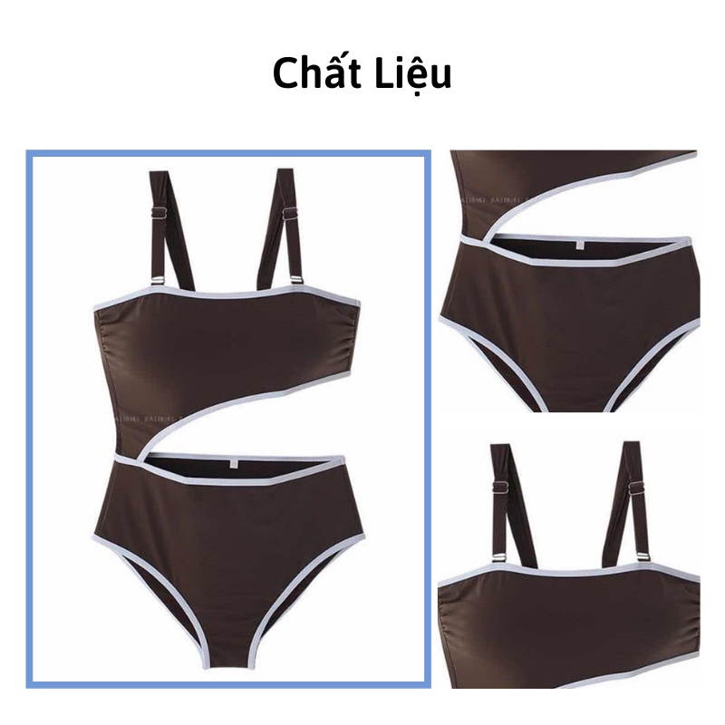 Bikini đi biển liền thân chất thun lạnh màu nâu viền trắng Hot 2022 Xiaomimi SF495