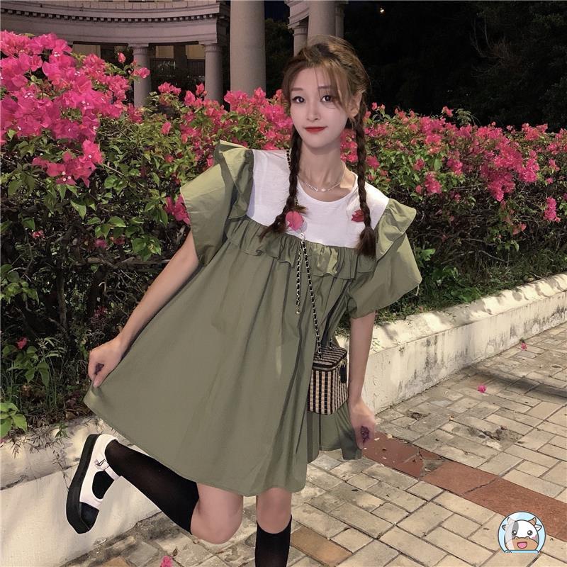 Đầm Ngắn Tay Cổ Tròn Thời Trang Hàn Quốc Cho Nữ