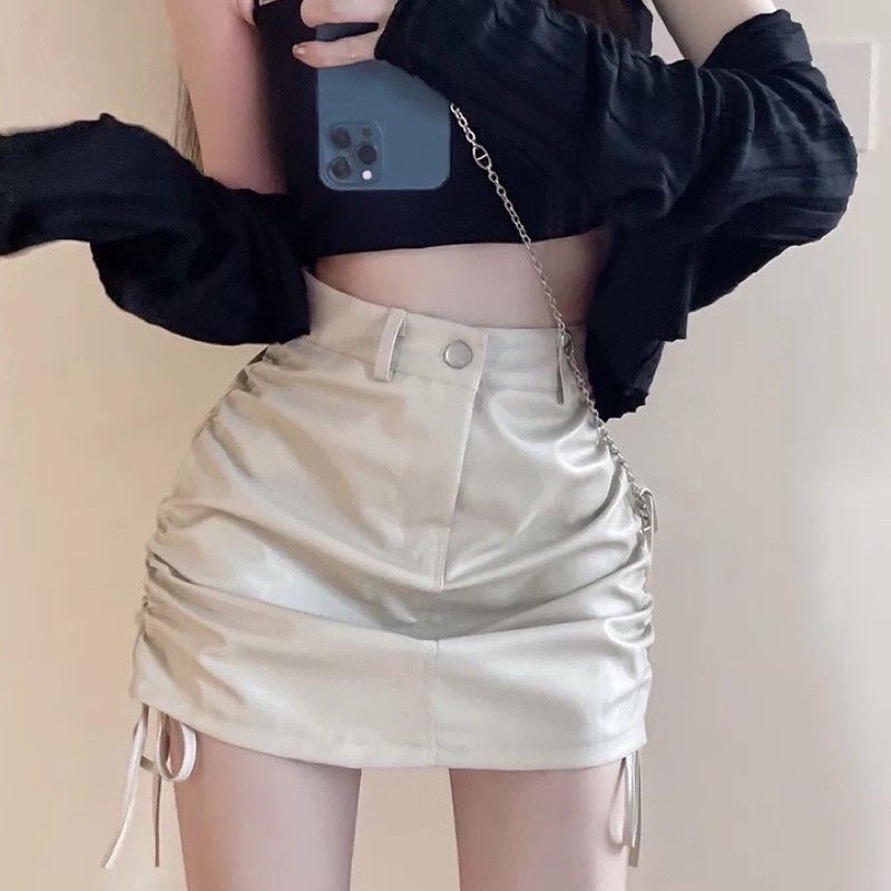 Chân Váy Da Dây Rút 2 Bên Có Quần Trong Chống Lộ - Chân Váy Ngắn Cá Tính Senorita