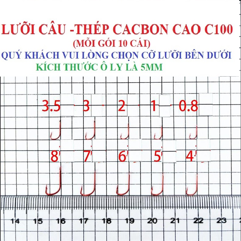 Lưỡi câu nhật lưỡi câu thép carbon cao CC100 , lưỡi đỏ  móc có ngạnh, số lượng móc câu mỗi gói 10 cái