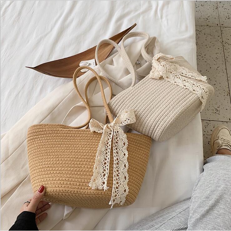 Thủ công dệt dệt kim Phong cách cổ điển Bông dây thừng Túi rơm Nữ Túi xách thời trang cho phụ nữ (bao gồm dải băng)