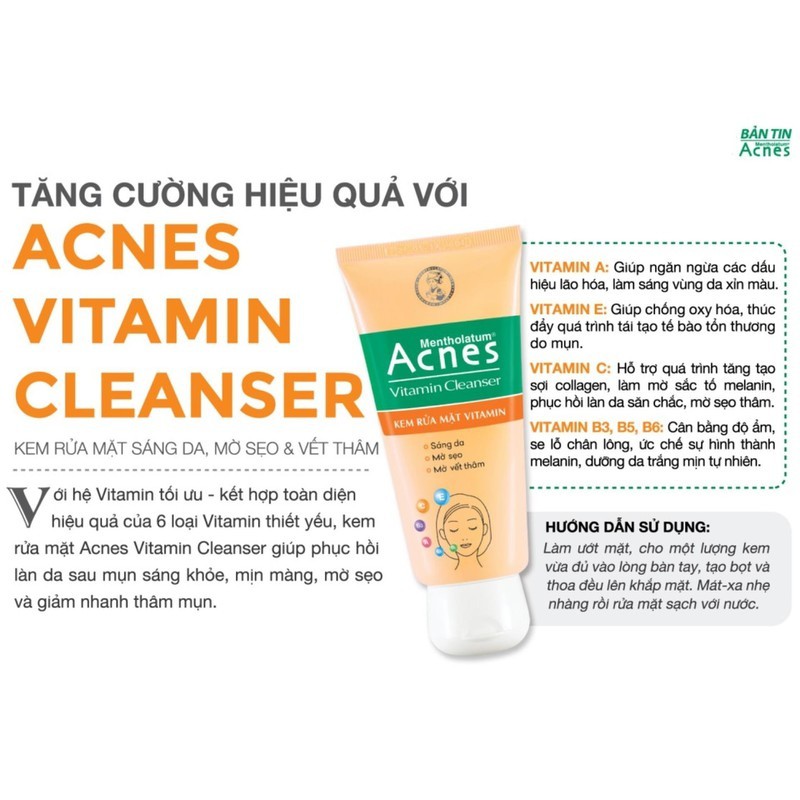 Sữa rửa mặt Acnes Vitamin Cleanser- hỗ trợ làm sáng da, tăng cường phục hồi là da sau mụn, giúp hỗ trợ làm mờ sẹo