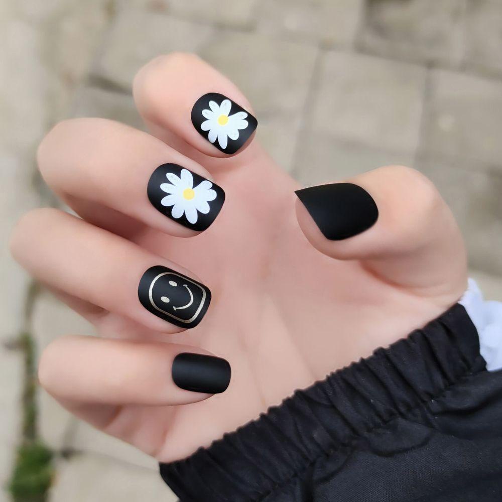 MOCHO Bộ Móng Tay Giả Ngắn Họa Tiết Hoa Cúc Hoạt Hình Phong Cách Hàn Quốc Xinh Xắn