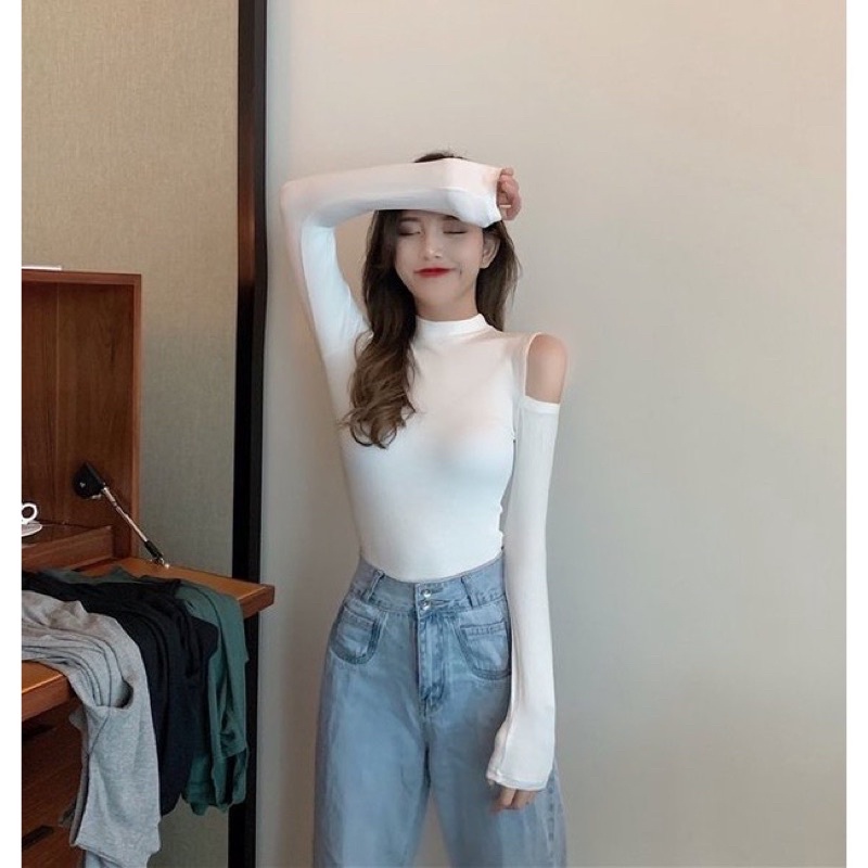 Áo Croptop Bozip Khoét Vai 2 Bên L.Y Store Nữ  🌸 Thun body dài tay dáng ôm retro, phông kiểu bó sát Ulzzang 🌸