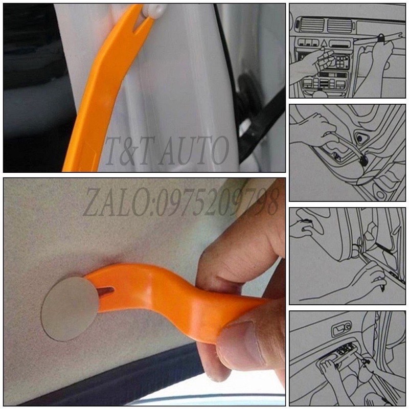 Bộ tháo lắp nội thất ô tô 7 món tiện lợi rẻ bền đẹp (nhựa tổng hợp màu cam + thép chống gỉ).