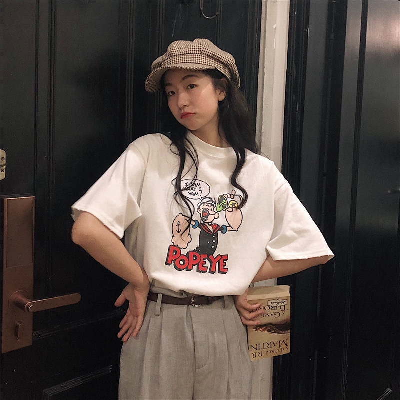 SUXI Áo Thun Tay Ngắn Dáng Rộng In Hoạt Hình Kiểu Retro Hàn Quốc Dễ Thương