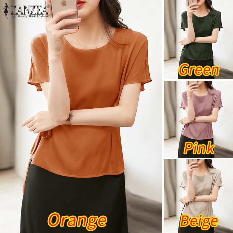 Áo kiểu ZANZEA ngắn tay vải satin màu trơn thời trang cho nữ
