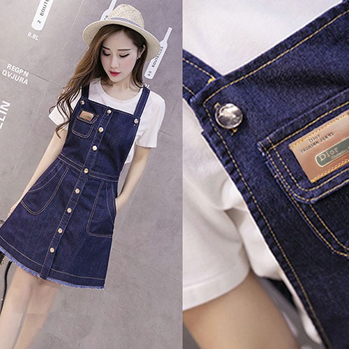 Yếm Jean,Đầm Yếm Jean Nữ,Váy yếm Jean Cài Nút Dọc Phối Túi