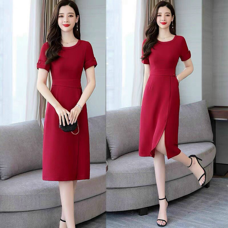 ĐẦM TRUNG NIÊN M/L/XL/2XL BAD SHOP DỰ TIỆC TAY NGẮN CỔ TRÒN VẠT CHÉO MÀU ĐỎ ĐEN HỒNG