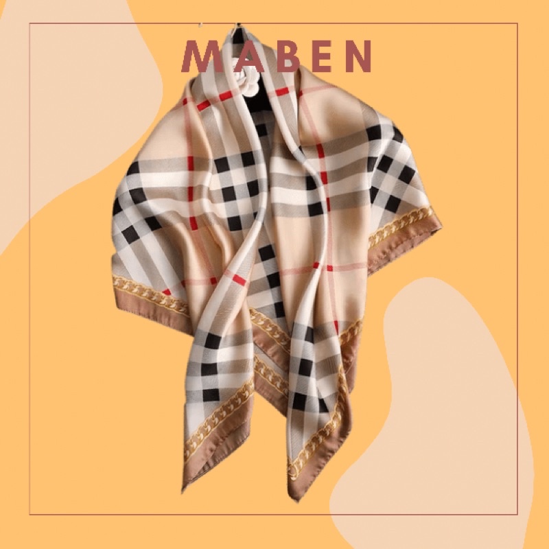 Khăn choàng lụa vuông kẻ caro và in hoa văn dây xích size 90x90cm - Maben