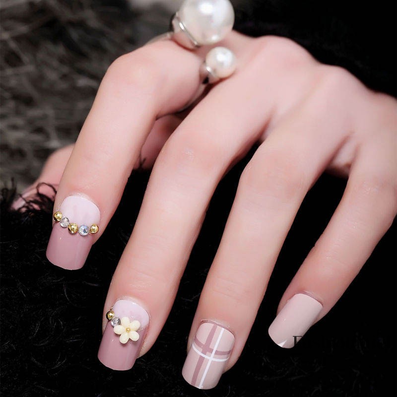 Set 24 móng giả họa tiết hoa màu xanh dương/đỏ thời trang kiểu Pháp